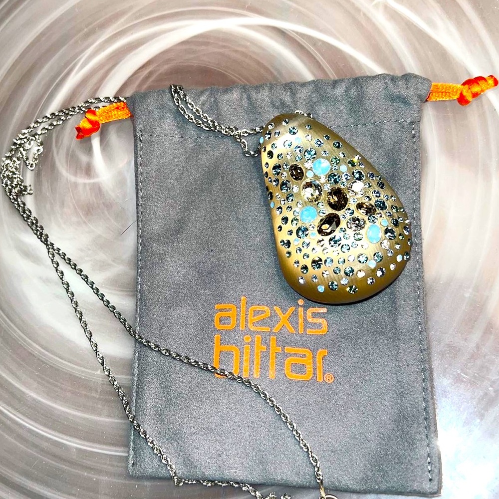 Fabulous Alexis Bittar Lucite and Crystal Taupe and Blue Pendant Drop Necklace-